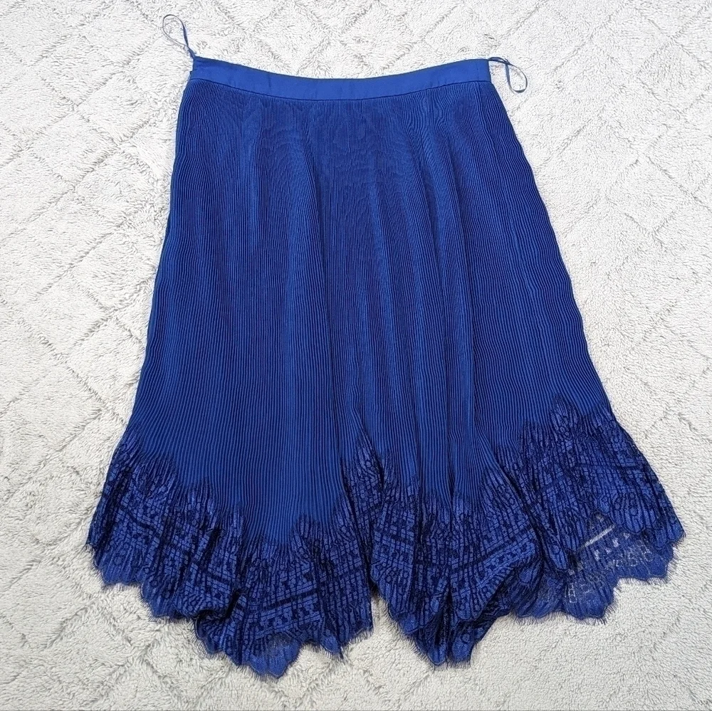 Whistles Skirt Women's 8 Blue Dahlia Pleated Lace Trim Knee Length Side Zip
